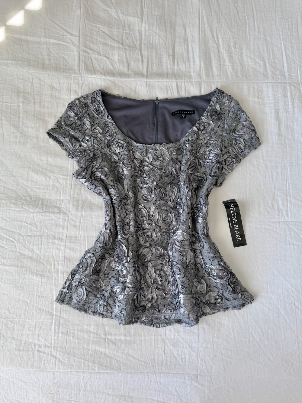 NWT Vintage Helene Blake Silver Embroided Lace Roses Evening Top Size 8